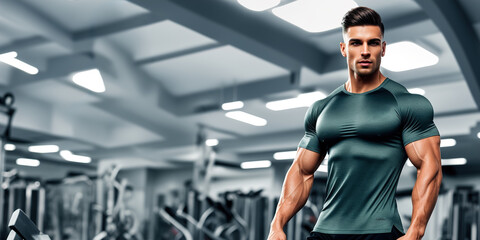 Fototapeta na wymiar Handsome muscular man in fitness outfit on gym background with copy space, banner. generative ai