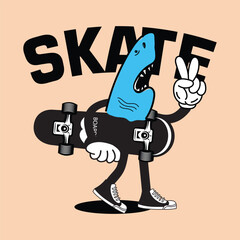 Cartoon skater shark character illustration. Vector graphic for apparel prints, posters and other uses.