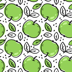 Seamless pattern of green apples isolated on white background. Organic healthy food. Vector hand-drawn illustration in doodle outline style