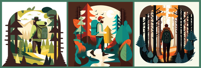 Set of vector abstract pictures with man walking in the forest  © asmodian