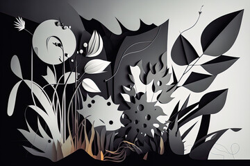monochrome abstract floral art decor silhouette of flowers with leaves and stems, ornamental black and white painting with gradient duotone colors, digital vector illustration (generative ai)  