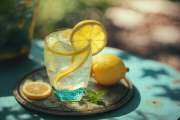 Lemonade on pool background. Illustration Generative AI