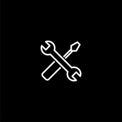 Spanner, hammer and screwdriver line icon  isolated on black background.