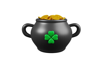 The 3D illustration for St. Patrick's Day is a fun cartoon pot filled with golden coins