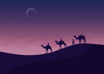 Fototapeta na wymiar camels in the desert at night, vector illustration.