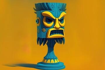 a tiki mask of the Indian subcontinent in blue, displayed on a pedestal against a sunny yellow backdrop. Generative AI