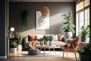 modern living room design space, neutral color walls, modern decor, indoor greenery (Generative AI)