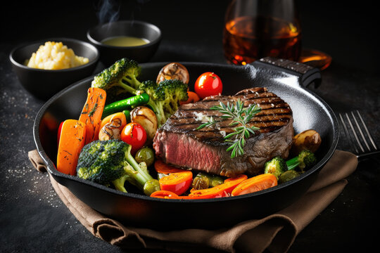Grilled beef steak with grilled vegetables, Illustration Generative AI