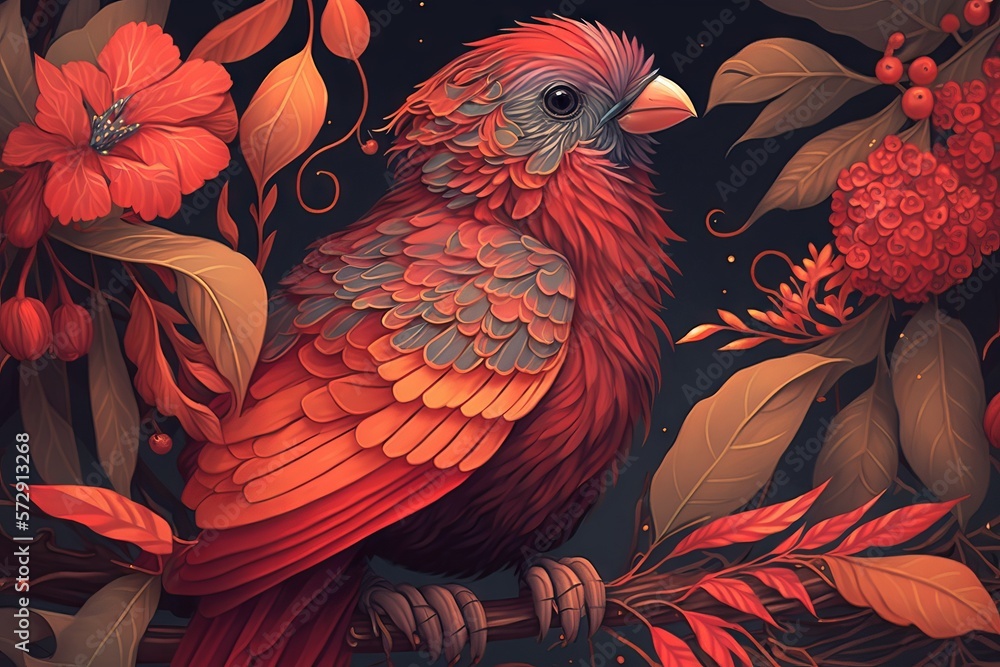Poster generative ai of a beautiful red parrot sitting on a branch.