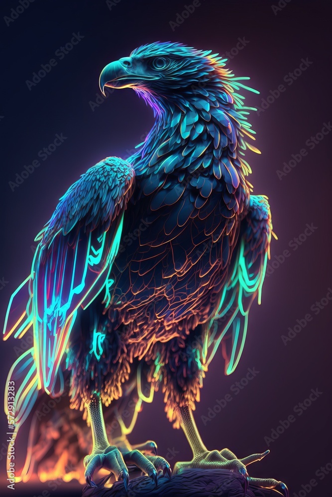 Poster generative ai of an eagle on a dark background with colorful lights