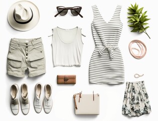 Set of Clothes. white-striped. Vacation style garment. Women's clothing summer collection isolated. Female apparel. Studio Shooting