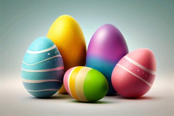Fototapeta na wymiar Set festive colors of Easter eggs, Happy Easter on light background. ai generated.