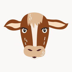 cartoon cute cow girl and inscription Hello, greeting card with charming pet on blue background, vector illustration