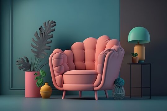 A Brightly Colored Room With A Pink Couch And A Black Wall In The Backdrop. Generative AI