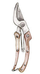 Watercolor farm garden vintage  supplies. Old rusty elements. Cute hand painted  illustration for greeting cards, prints, souvenirs,post cards. Illustartion isolated on white background.