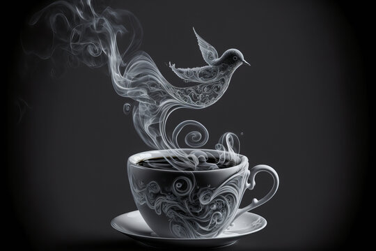 This image shows a cup of coffee whose vapors form the silhouette of a bird. A gustatory and aromatic journey that evokes the production of coffee in southern countries. Generative AI