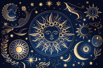 Drawing of golden stars, moon, planets, constellations on a blue background, mystical. drawing for tarot cards, fantasy magic space. Generative AI