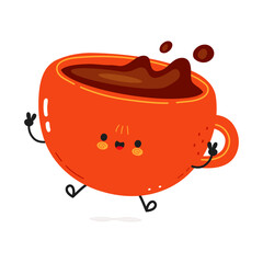 Cute funny cup of coffee jumping character. Vector hand drawn cartoon kawaii character illustration icon. Isolated on white background. Cup of coffee character concept