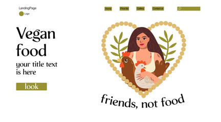 Vegan food website background. young woman has a chickens, and the inscription friends are not food in a pink bubble. Vector illustration on the topic of veganism and vegetarianism.