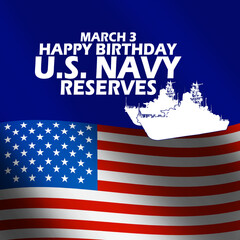 Naval ship icon with American flag and bold text on dark blue background to commemorate Navy Reserves Birthday on March 3