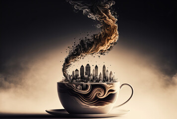 Coffee emerging from the silhouette of a big city, taste its powerful aromas in different places. Urban lifestyle, a coffee to give the taste of the city. Generative AI
