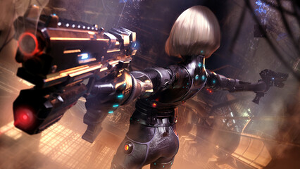 A beautiful sexy girl with a blonde square hairstyle stands epic with two high-tech pistols at the ready in a black cybernetic suit in the middle of a robotics technology plant, 2d digital art - 572916254
