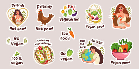 Ecology stickers. Green lifestyle. Eco and nature saving. Slogan and environment elements. Doodle style. Vegan eating. Stop pollution. Waste recycle. Vector Planet