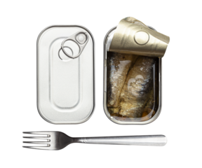 Two can and a fork. Preserved sardines fillet packed with virgin olive oil, in a different stage of being pried open isolated on a transparent background