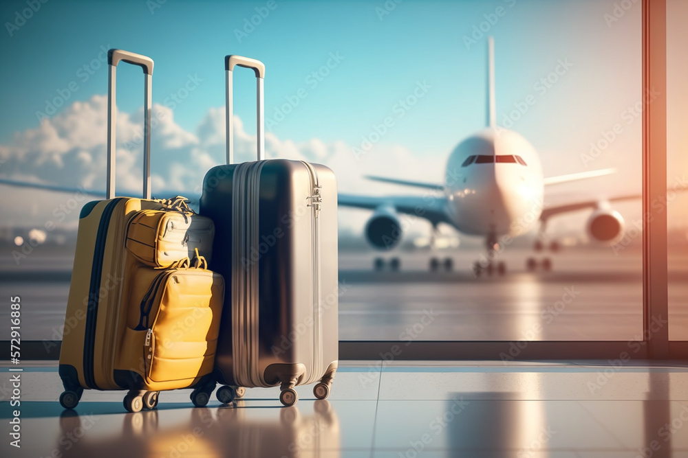 Wall mural travel departure, airport with luggage suitcases and airplane in the background, for tourism and mar