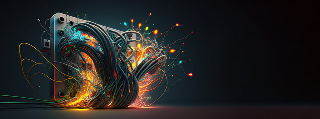 Computer, hard drive, external hd, colorful cables, hi tech, technology, digital, information technology,. electronics, computing, futuristic, fantasy, generative ai