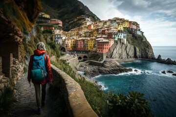 In Cinque Terre Italy, a woman hiking the scenic trail between the colorful villages of Riomaggiore and Manarola, travel photography - obrazy, fototapety, plakaty