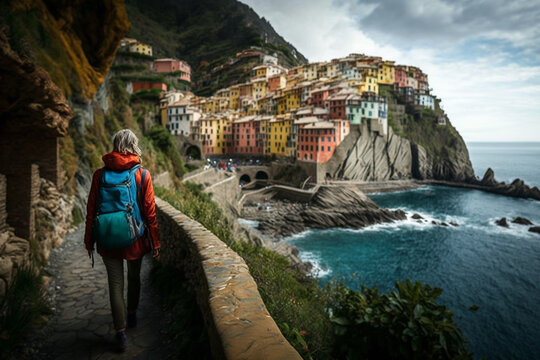 In Cinque Terre Italy, a woman hiking the scenic trail between the colorful villages of Riomaggiore and Manarola, travel photography