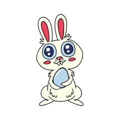 Cute easter bunny holding easter egg isolated on a white background. Vector cartoon illustration.