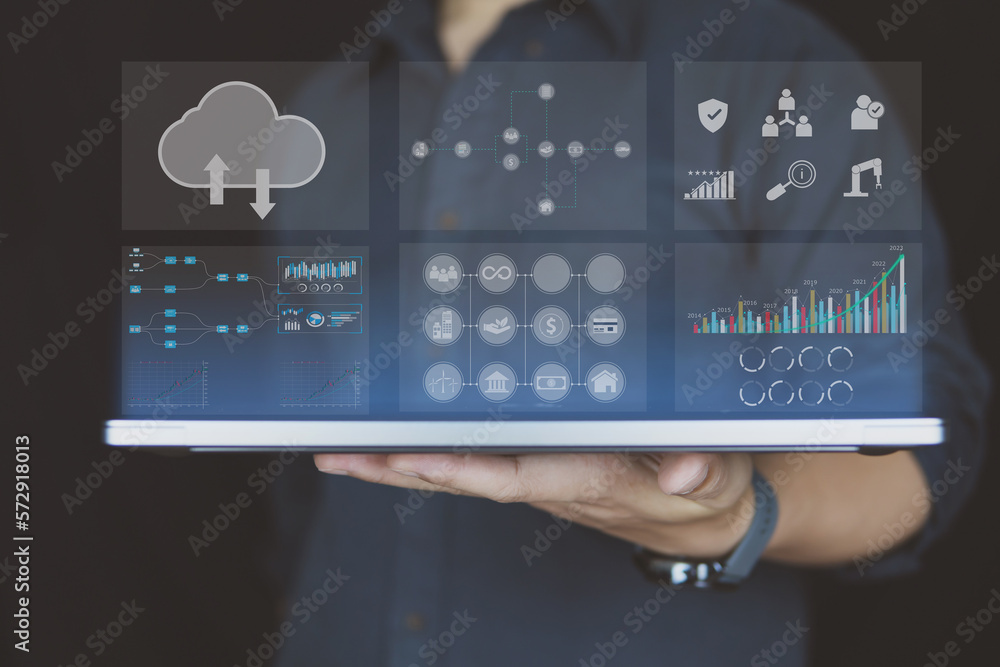 Poster business people using laptop with analytic graph and growing graph on virtual reality, graph investm
