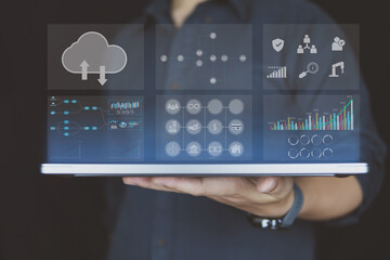 Business people using laptop with analytic graph and growing graph on virtual reality, graph investments for analysis market and demand.