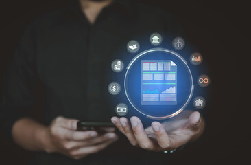 Data business analytic, Digital Data and document online management concept, icon data show on visual screen, data on server and big data.