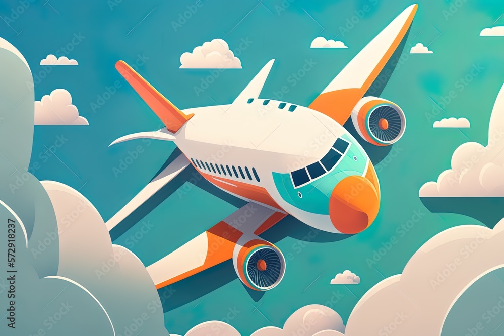 Poster passenger aircraft traveling at flight level high in the sky above the clouds view immediately in fr