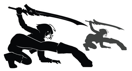 A black silhouette with a flexible beauty girl, she is a warrior in an epic pose on all fours with a curved sword at the ready. 2d anime art - 572918410