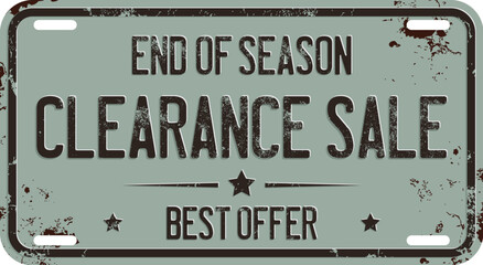 Clearance Sale. End of Season. Best Offer. Vector Banner. Rusty License Plate.