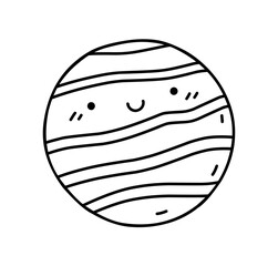 Cute smiling planet isolated on white background. Vector hand-drawn illustration in doodle style. Kawaii character. Perfect for decorations, logo, various designs.