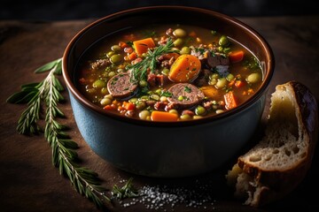 A bowl of lentil soup with vegetables and smoked sausage