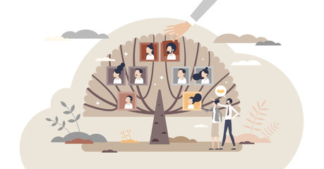 Family tree with generation connection and origin history tiny person concept, transparent background.Relatives and siblings genealogy research with dynasty roots chart illustration.