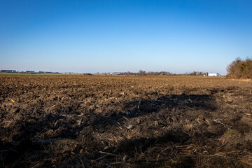 Fototapeta premium Agricultural field with bare soil in wintertime in Poland. Blue sky, sunny day. 