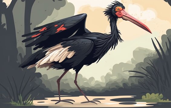 A wild black stork has been let into the park. Generative AI