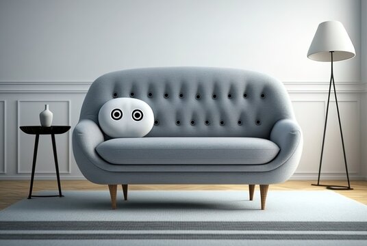 Sofa Is Gray, And The Room Is All White. Generative AI