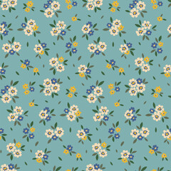 Seamless floral pattern, cute flower print with vintage rustic motif. Beautiful botanical design with small hand drawn plants: tiny flowers, leaves on a blue background. Vector illustration.