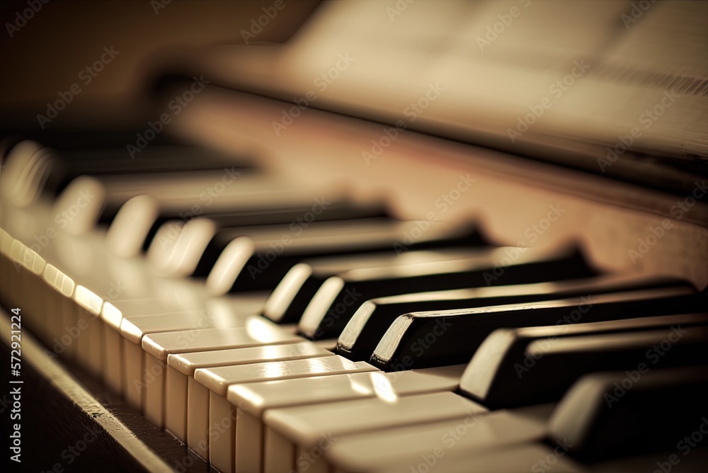 Poster image of a piano keyboard in close-up selective focus. generative ai