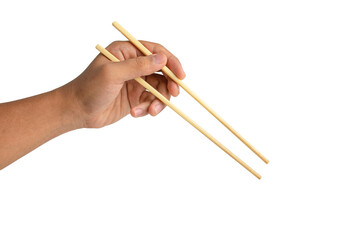 man hand holding chopsticks isolated on white background