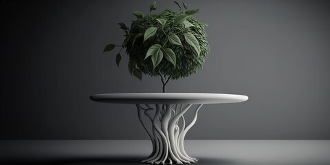 Green plant in pot on white table, plant growing out of table, gray background, luxury and elegant