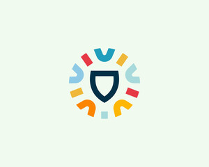 Shield logo. Guard logotype in a frame from colored shapes. Protection security insurance logotype. Vector illustration.